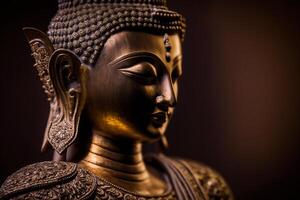 A thai buddha statue sits and meditating at buddhist temple. Ancient thailand buddha face. Background for vesak festival celebration. Vesak day concept. Vesak celebration day greetings by photo