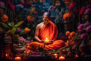 A buddha sits in a garden with a lotus and candles. Background for vesak festival celebration. Vesak day concept. Vesak celebration day greetings by photo