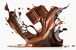A delicious melting chocolate splash in a realistic style. Hot chocolate, cacao or coffee splash. Tasty chocolate liquid splash. Chocolate sauce crown splash. For chocolate day dessert by photo