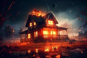 Haunted house on halloween celebration concept. Spooky house halloween background with deserted building and pumpkin. Scary house with creepy building at night by photo