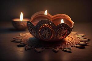 Happy diwali or deepavali traditional indian festival with clay diya oil lamp. Indian hindu festival of light symbol with candle and light. Clay diya lamp lit during diwali celebration by photo