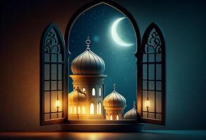 un ventanas representa un islámico mezquita a noche con Luna y cuartel en estilo de islámico ciudad. arqueado puertas eid Alabama fitr antecedentes de ventana. Ramadán islámico linterna en un mesa por ai generado foto