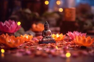 A buddha sits in a garden with a lotus and candles. Background for vesak festival celebration. Vesak day concept. Vesak celebration day greetings by photo