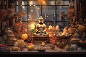 A buddha sits in a garden with a lotus and candles. Background for vesak festival celebration. Vesak day concept. Vesak celebration day greetings by photo