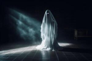 Human in spooky ghosts costume flying inside the old house or forest at night. Spooky halloween background with ghost. Ghost on halloween celebration concept by AI generated photo