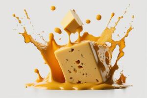 A delicious melting cheese splash in a realistic style. Hot cheese or cheddar splash. Tasty cheese liquid splash. Cheese sauce crown splash. For italian food, world cheese day, dessert by photo