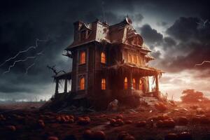 Haunted house on halloween celebration concept. Spooky house halloween background with deserted building and pumpkin. Scary house with creepy building at night by photo