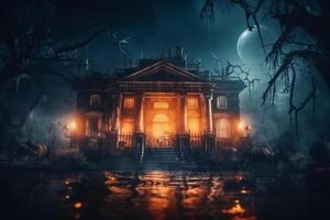 Haunted house on halloween celebration concept. Spooky house halloween background with deserted building and pumpkin. Scary house with creepy building at night by photo