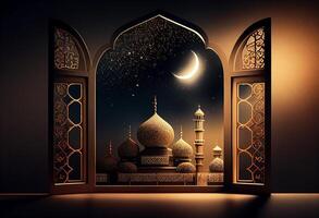 A windows depicts an islamic mosque at night with moon and lentern. In style of islamic city. Arched doorways. Eid al fitr background of window. Ramadan islamic lantern on a table by photo