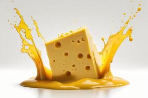 A delicious melting cheese splash in a realistic style. Hot cheese or cheddar splash. Tasty cheese liquid splash. Cheese sauce crown splash. For italian food, world cheese day, dessert by photo