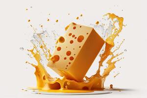 A delicious melting cheese splash in a realistic style. Hot cheese or cheddar splash. Tasty cheese liquid splash. Cheese sauce crown splash. For italian food, world cheese day, dessert by photo