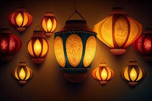 Happy diwali or deepavali traditional indian festival with lamp or sky lantern. Indian hindu festival of light with lamp or light. Night sky floating lanterns during diwali celebration by photo