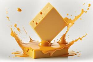 A delicious melting cheese splash in a realistic style. Hot cheese or cheddar splash. Tasty cheese liquid splash. Cheese sauce crown splash. For italian food, world cheese day, dessert by photo