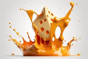 A delicious melting cheese splash in a realistic style. Hot cheese or cheddar splash. Tasty cheese liquid splash. Cheese sauce crown splash. For italian food, world cheese day, dessert by photo