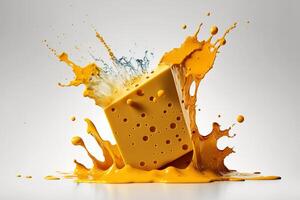 A delicious melting cheese splash in a realistic style. Hot cheese or cheddar splash. Tasty cheese liquid splash. Cheese sauce crown splash. For italian food, world cheese day, dessert by photo