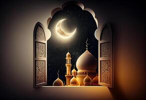 un ventanas representa un islámico mezquita a noche con Luna y cuartel en estilo de islámico ciudad. arqueado puertas eid Alabama fitr antecedentes de ventana. Ramadán islámico linterna en un mesa por ai generado foto