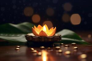 A buddha sits in a garden with a lotus and candles. Background for vesak festival celebration. Vesak day concept. Vesak celebration day greetings by photo