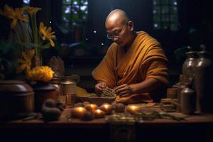 A buddha sits in a garden with a lotus and candles. Background for vesak festival celebration. Vesak day concept. Vesak celebration day greetings by photo