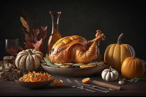 Thanksgiving day meal with pie, pumpkin, oranges, or roasted chicken in oven form. Flat lay assortment with delicious thanksgiving food. Happy thanksgiving day concept by photo