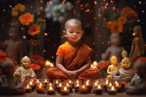 un joven Buda se sienta en un jardín con un loto y velas antecedentes para vesak festival celebracion. vesak día concepto. vesak celebracion día saludos por ai generado foto