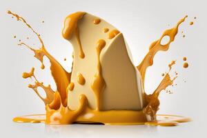 A delicious melting cheese splash in a realistic style. Hot cheese or cheddar splash. Tasty cheese liquid splash. Cheese sauce crown splash. For italian food, world cheese day, dessert by photo