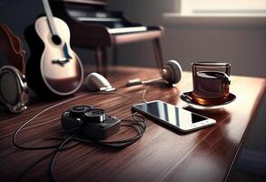 foto música objetos con guitarra, artilugio y café en el mesa en clásico estilo. hermosa eléctrico guitarra en con auriculares y escritorio musical creatividad concepto. mundo música día por ai generado