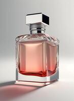 un alto clase botella de vaso perfume con ligero rojo líquido. aromático perfume botellas en blanco antecedentes. belleza producto, cosmético, perfume día, fragancia día o perfume lanzamiento evento por ai generado foto