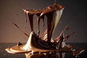 A delicious melting chocolate splash in a realistic style. Hot chocolate, cacao or coffee splash. Tasty chocolate liquid splash. Chocolate sauce crown splash. For chocolate day dessert by photo