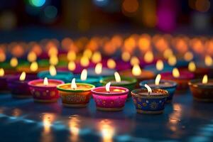 Happy diwali or deepavali traditional indian festival with clay diya oil lamp. Indian hindu festival of light symbol with candle and light. Clay diya lamp lit during diwali celebration by photo