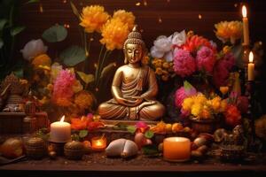 A buddha sits in a garden with a lotus and candles. Background for vesak festival celebration. Vesak day concept. Vesak celebration day greetings by photo