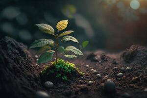 Plant growing in farm ground or forest with sunlight at daytime. Young plant is growing. World earth day. World environment day. Earth conservation, ecology or global warming by photo