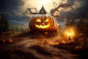 Scary pumpkin and house in night of full moon on halloween celebration concept. Spooky halloween background with pumpkin. Dirty house and pumpkin on halloween celebration concept by photo