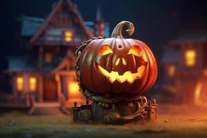 Scary pumpkin and house in night of full moon on halloween celebration concept. Spooky halloween background with pumpkin. Dirty house and pumpkin on halloween celebration concept by photo