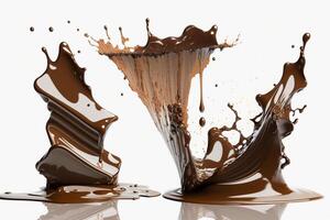 A delicious melting chocolate splash in a realistic style. Hot chocolate, cacao or coffee splash. Tasty chocolate liquid splash. Chocolate sauce crown splash. For chocolate day dessert by photo