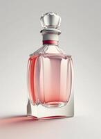 A high class bottle of glass perfume with light red liquid. Aromatic perfume bottles on white background. Beauty product, cosmetic, perfume day, fragrance day or perfume launch event by photo