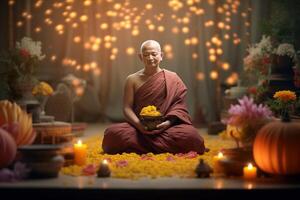 A buddha sits in a garden with a lotus and candles. Background for vesak festival celebration. Vesak day concept. Vesak celebration day greetings by photo