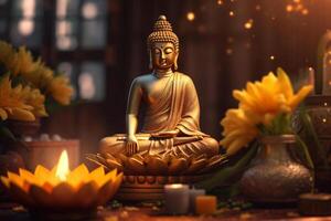 un Buda se sienta en un jardín con un loto y velas antecedentes para vesak festival celebracion. vesak día concepto. vesak celebracion día saludos por ai generado foto
