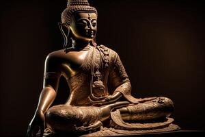 A thai buddha statue sits and meditating at buddhist temple. Ancient thailand buddha face. Background for vesak festival celebration. Vesak day concept. Vesak celebration day greetings by photo