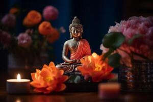 A buddha sits in a garden with a lotus and candles. Background for vesak festival celebration. Vesak day concept. Vesak celebration day greetings by photo