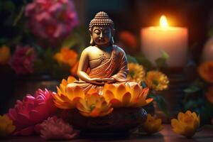 A buddha sits in a garden with a lotus and candles. Background for vesak festival celebration. Vesak day concept. Vesak celebration day greetings by photo