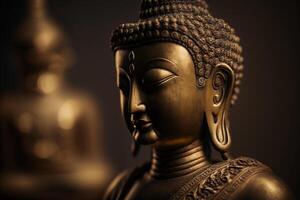 A thai buddha statue sits and meditating at buddhist temple. Ancient thailand buddha face. Background for vesak festival celebration. Vesak day concept. Vesak celebration day greetings by photo