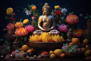 A buddha sits in a garden with a lotus and candles. Background for vesak festival celebration. Vesak day concept. Vesak celebration day greetings by photo