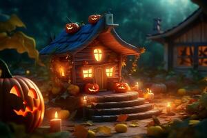 Scary pumpkin and house in night of full moon on halloween celebration concept. Spooky halloween background with pumpkin. Dirty house and pumpkin on halloween celebration concept by photo