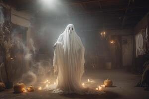 Human in spooky ghosts costume flying inside the old house or forest at night. Spooky halloween background with ghost. Ghost on halloween celebration concept by photo