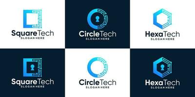 Collection of technology connection logo design with abstract dot, Blockchain, molecule and system and key hole graphic design vector illustration. Security technology symbol, icon, creative.