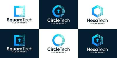 Collection of technology connection logo design with abstract dot, Blockchain, molecule and system and key hole graphic design vector illustration. Security technology symbol, icon, creative.