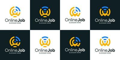 Collection of find jobs online logo design. people logo with pin location and signal network design graphic vector illustration. Symbol, icon, creative.