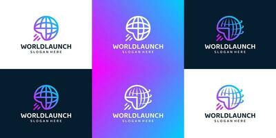 Collection of Launch World logo design. globe world with growth launch design graphic vector illustration. Symbol, icon, creative.