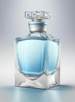 un alto clase botella de vaso perfume con ligero azul líquido. aromático perfume botellas en blanco antecedentes. belleza producto, cosmético, perfume día, fragancia día o perfume lanzamiento evento por ai generado foto