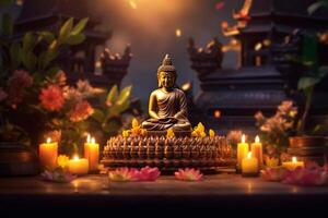 A buddha sits in a garden with a lotus and candles. Background for vesak festival celebration. Vesak day concept. Vesak celebration day greetings by photo